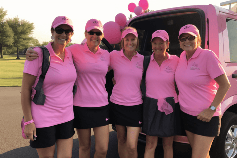 A group of women in pink shirts and hats.