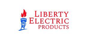 A red and blue logo for liberty electric products.