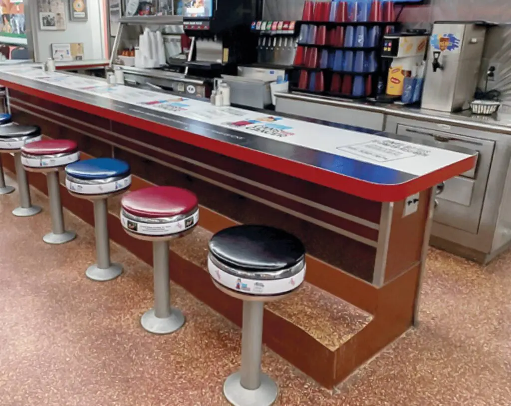 A restaurant with four stools and a counter.