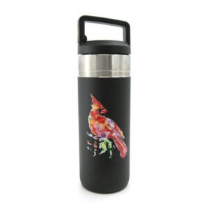 A black thermos with a red bird on it.